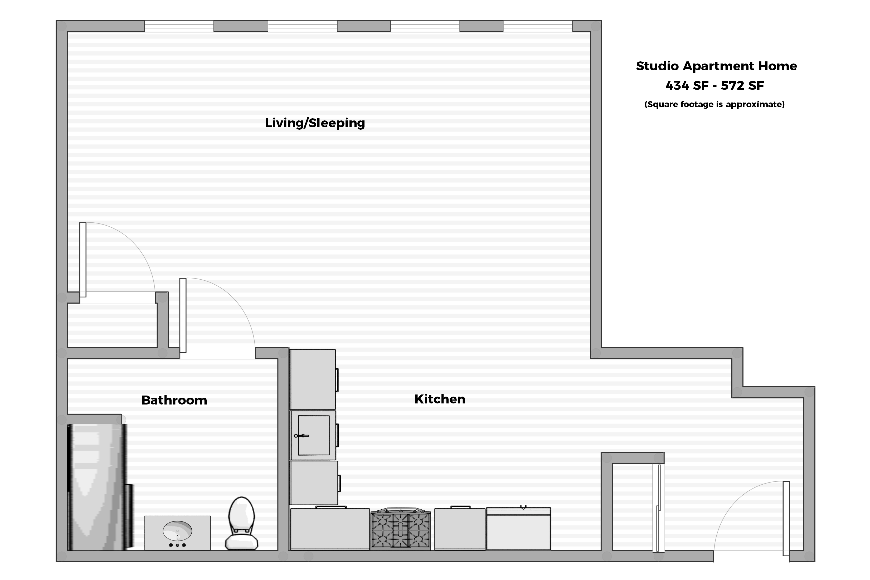 Floor plan for studio, 1 bath, 572 sqft